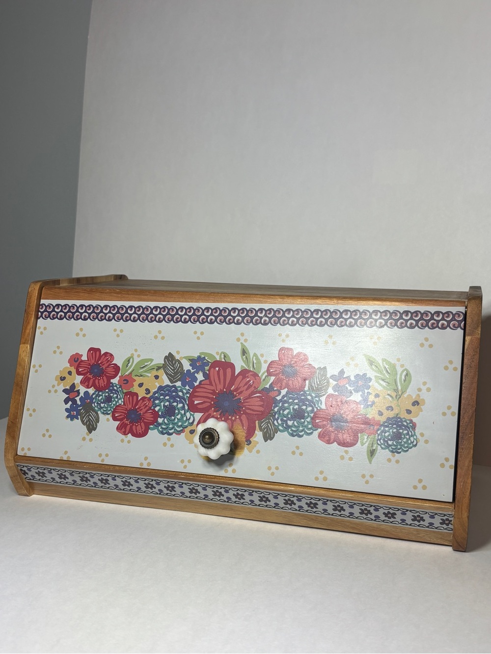 Pioneer Woman Dazzling Dahlias Acacia Wood Bread Box Farmhouse Cottagecore Rare
